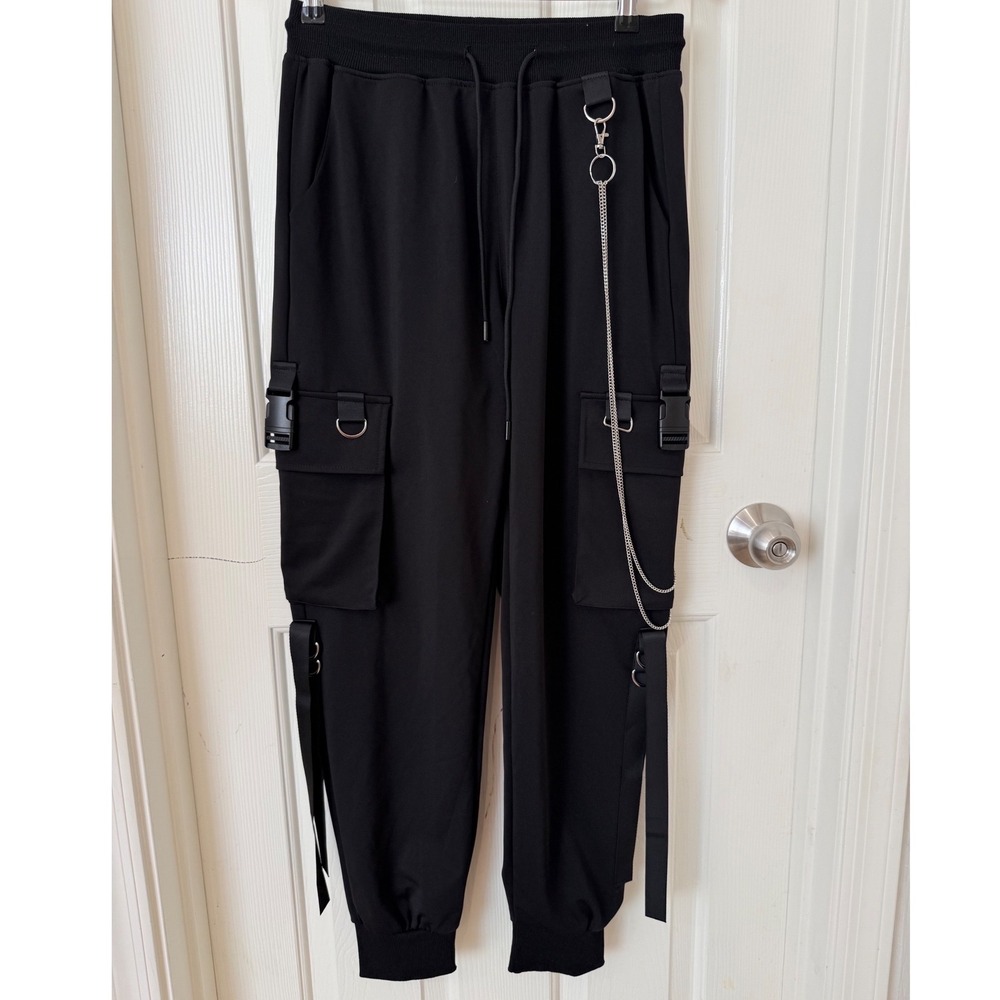 MEINVQIAOTI Black Techwear Cargo Joggers with Chain and Buckles Size M